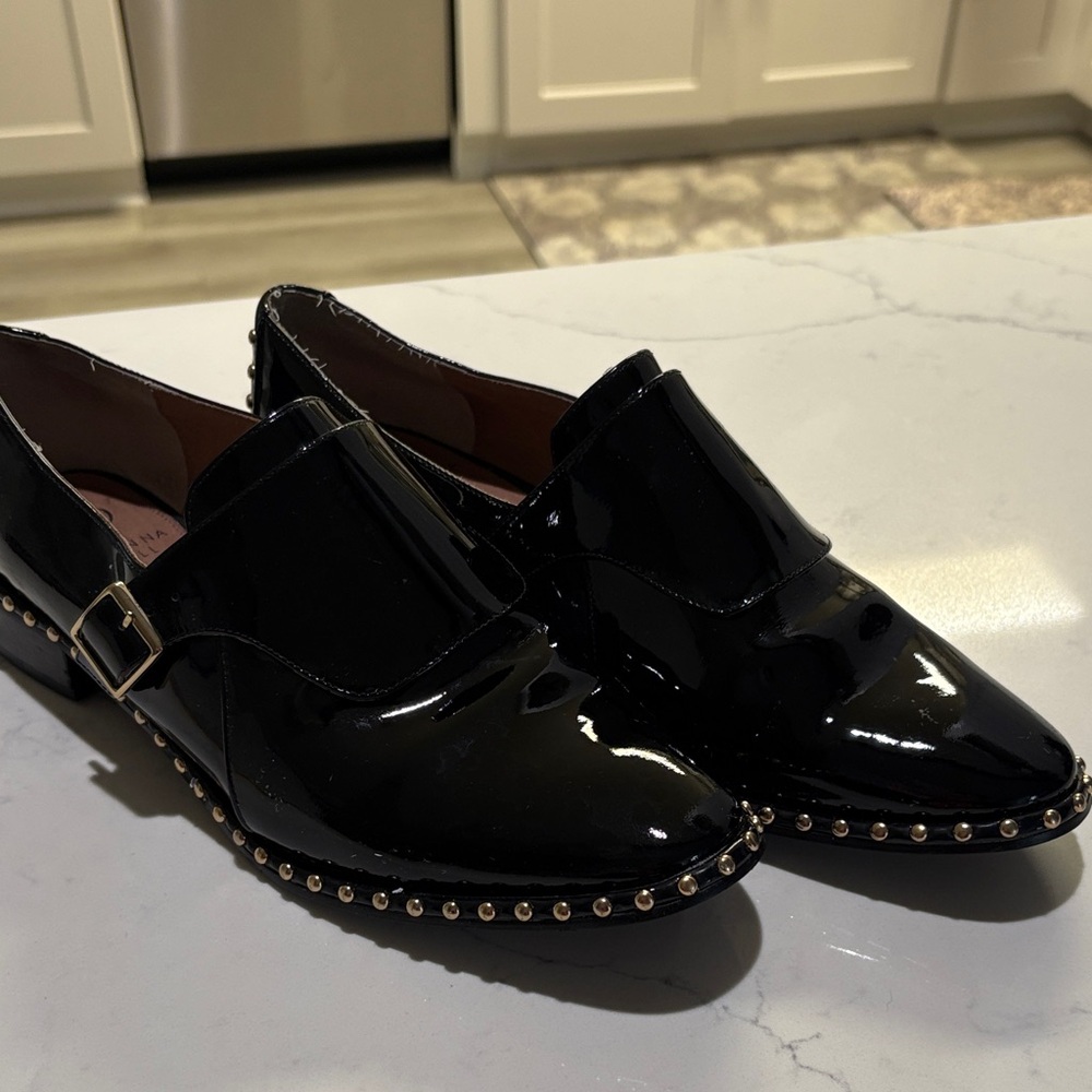 Adrianna Papell Black Patent Loafers with Gold Studs - Picture 9 of 9